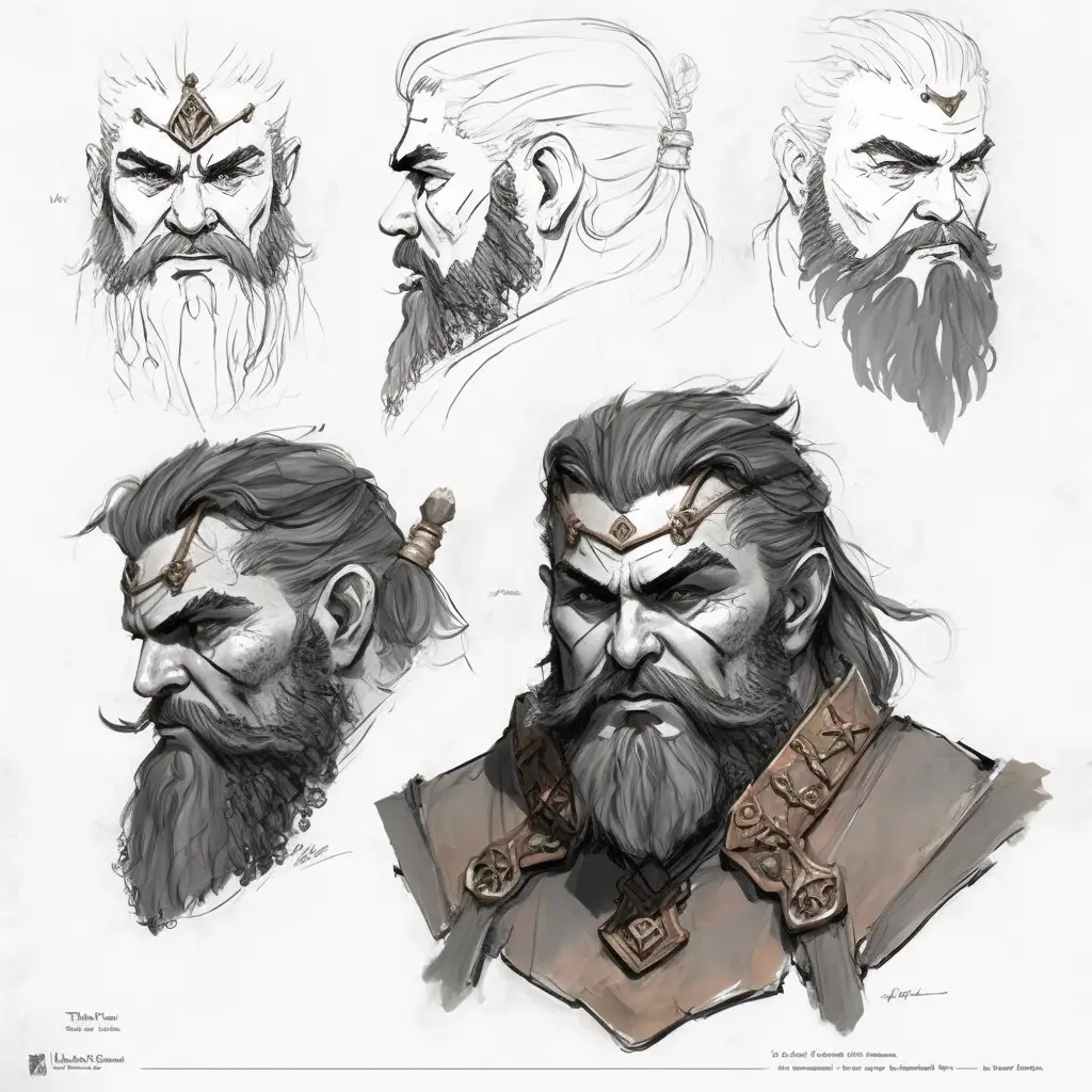 dwarven warlord, close up character design, multiple concept designs, concept design sheet, white background, style of Yoshitaka Amano 